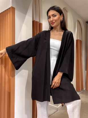 Keten & Viskon Kısa Kimono Siyah